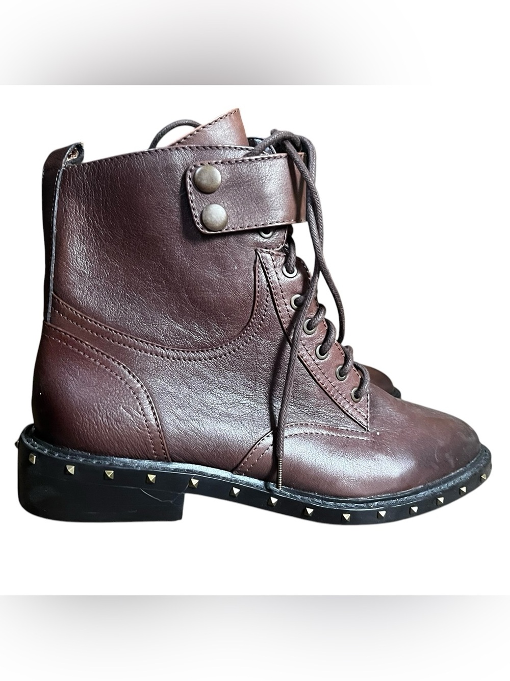 US 7 Vince Camuto Dark Brown Leather Lace-Up Zip Studded Boots